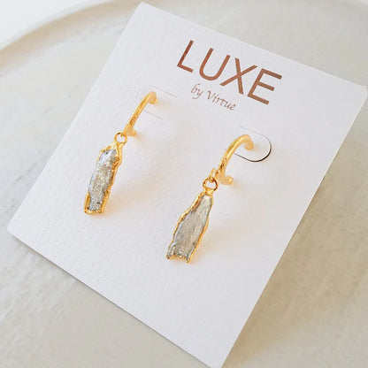 The Lacy Hammered Hoop with Biwa Drop Earring in gold by Virtue