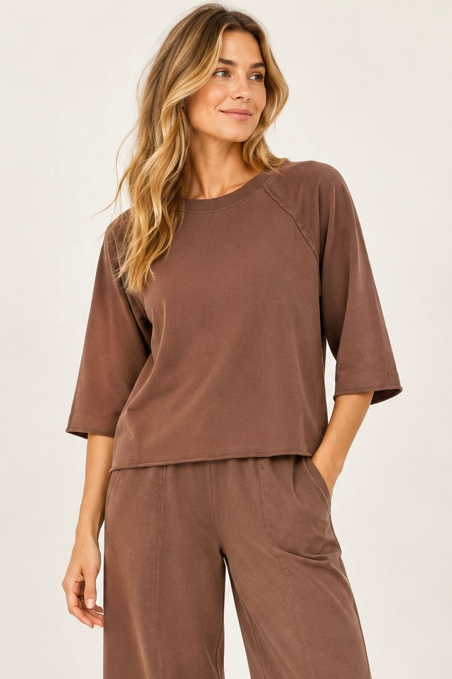 3/4 Sleeve Open Neck Swing Sweatshirt in unearthed by Mododoc