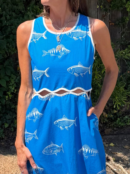 Lina Fish Print Dress in blue by Beau & Ro
