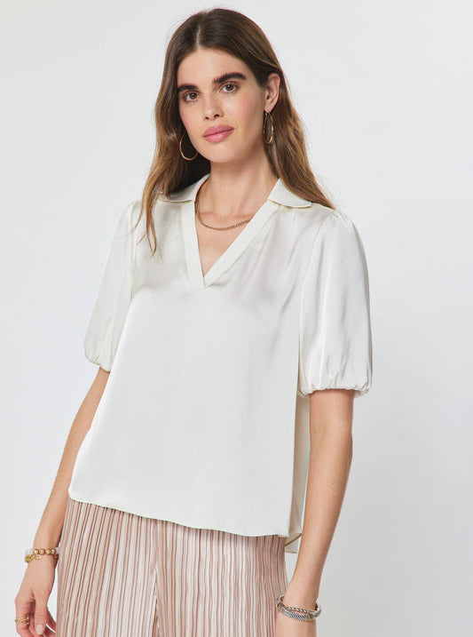 Collared V-neck Short Sleeve Blouse in ivory by Current Air
