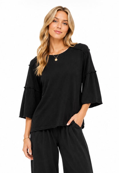 3/4 Sleeve Mix Media tee in black by Mododoc
