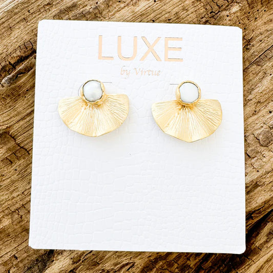 The Liz Pearl Stud with Fan Earring in gold by Virtue