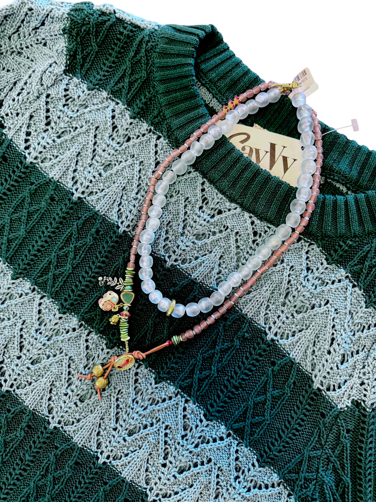 Glass Beaded Charm Necklace with Leather in blush rose by Meredith Waterstraat