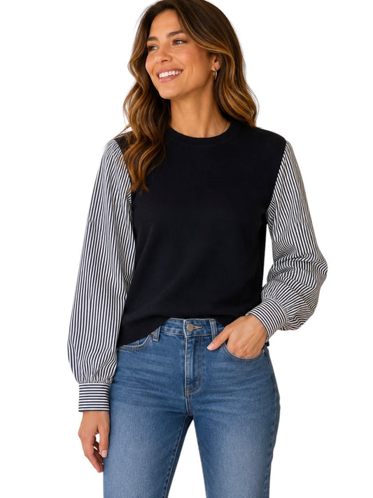 Long Sleeve Sweater with Stripe Sleeve in black by J.Society