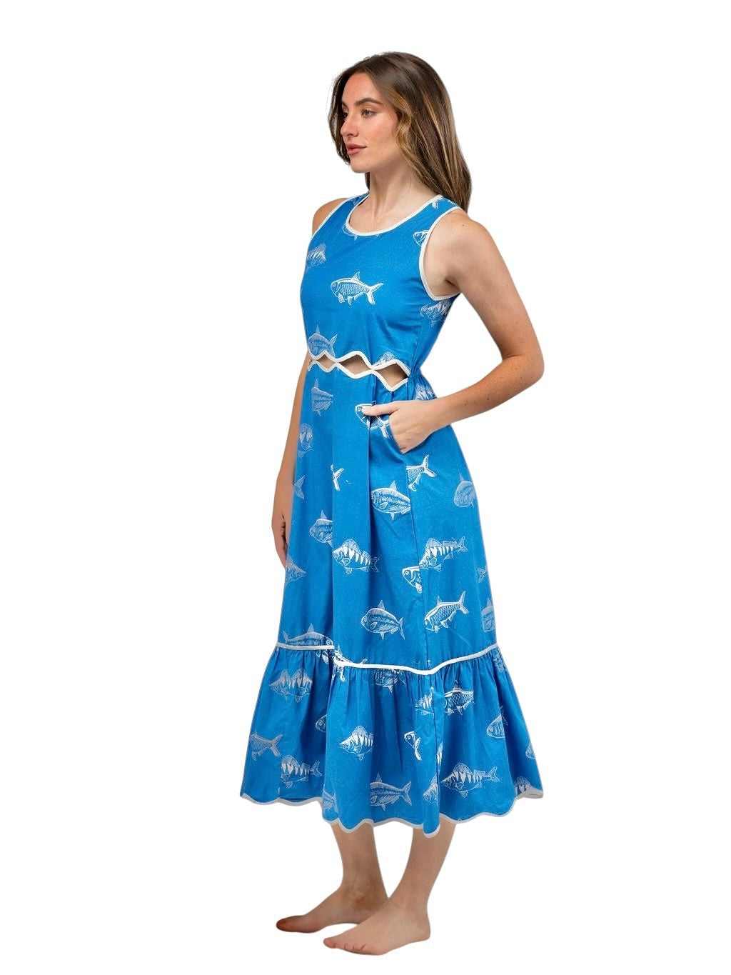 Lina Fish Print Dress in blue by Beau & Ro