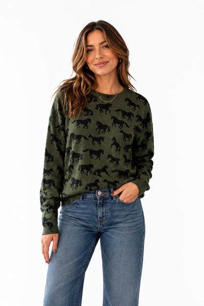 Horse Print Sweater in military by J.Society