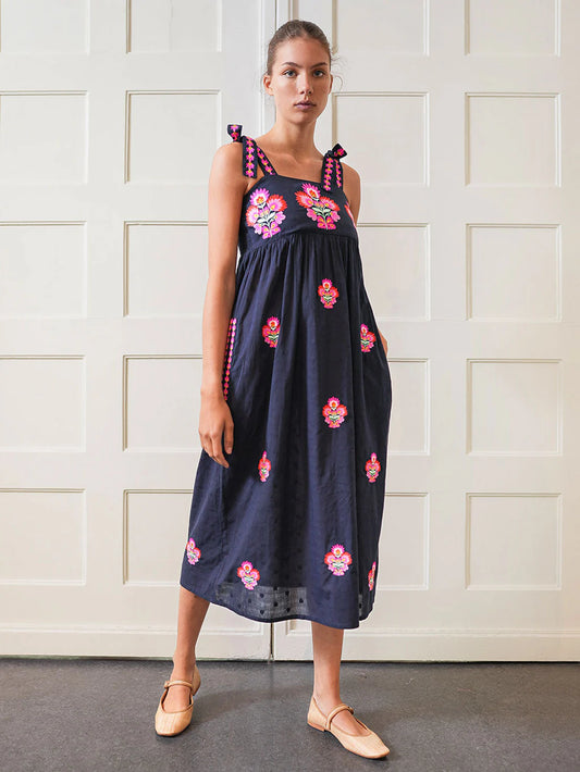 Agate Dress with Flower Bunch Embroidery in navy jacquard by Nimo