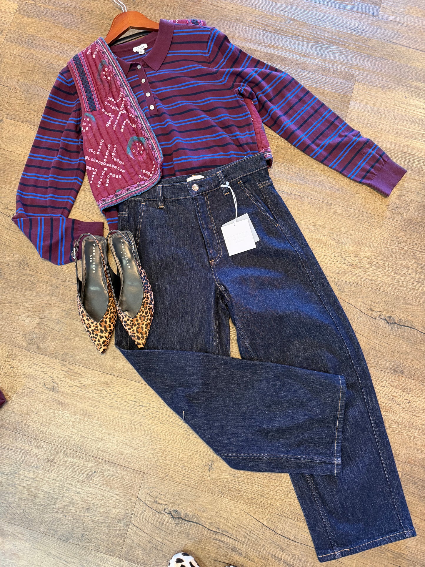 Greta Long Sleeve Stripe Polo Sweater in claret azure by Pistola