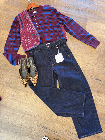 Greta Long Sleeve Stripe Polo Sweater in claret azure by Pistola