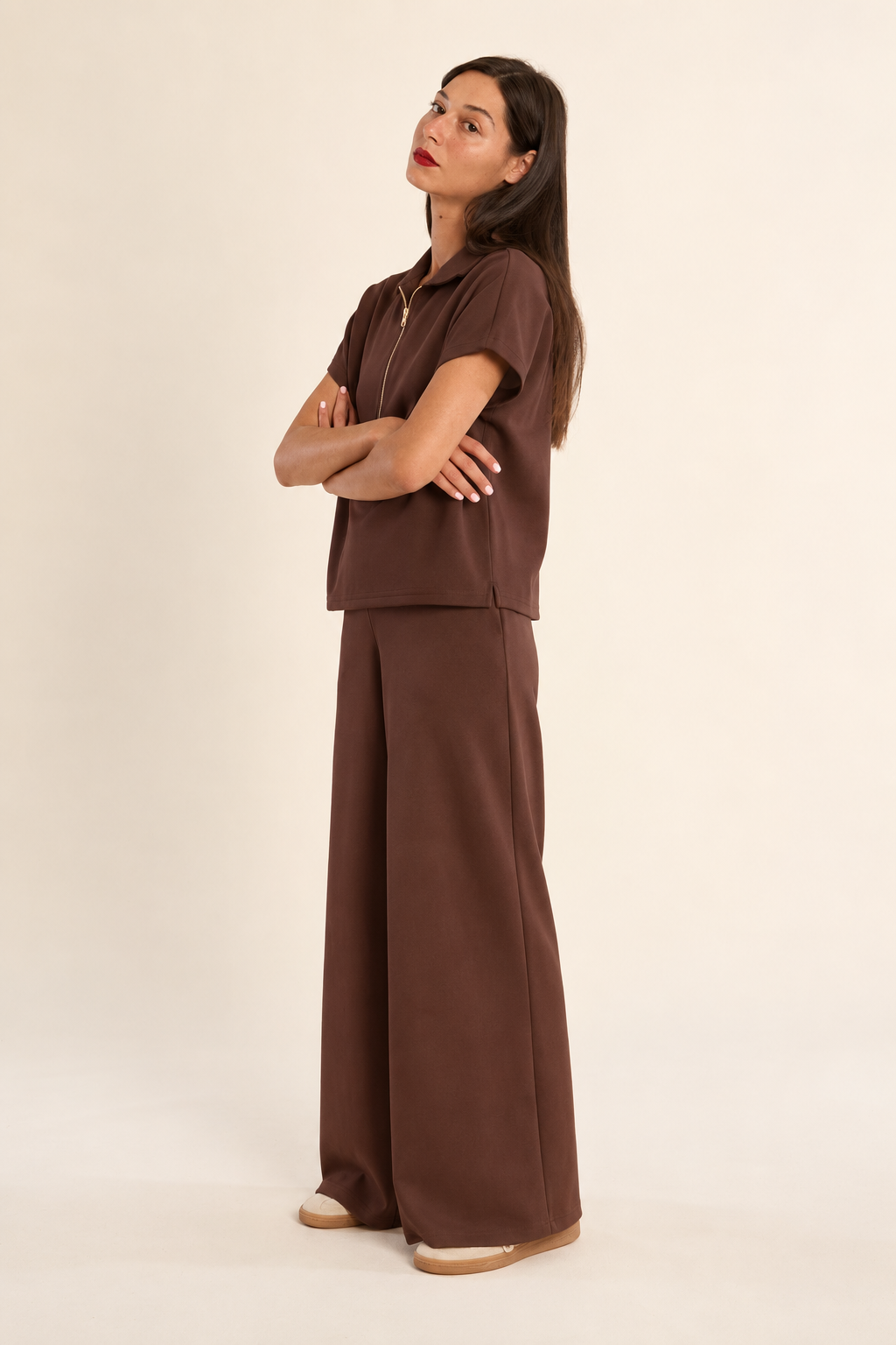 Sleeveless Quarter Zip Sweatshirt in chocolate by Molly Bracken