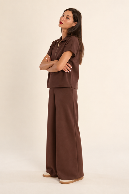 Sleeveless Quarter Zip Sweatshirt in chocolate by Molly Bracken