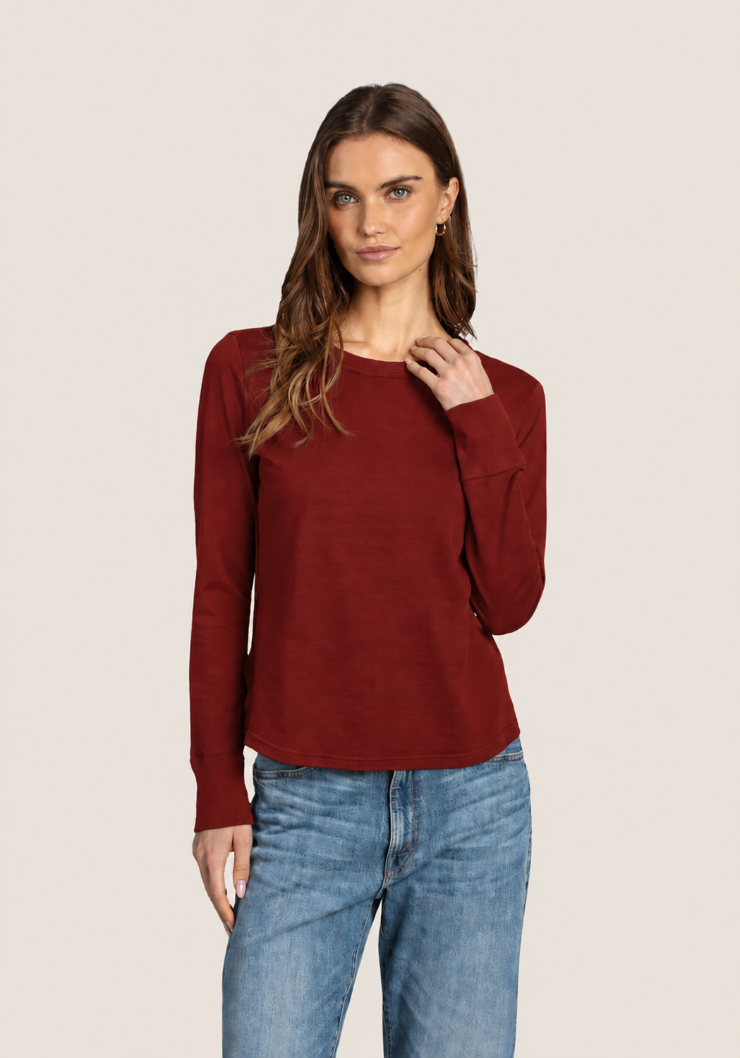 Long Sleeve Vintage Tee in rusty red by Dylan