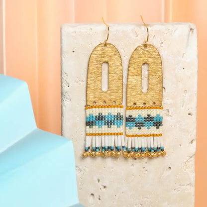 Beaded Handwoven Color Block Brass Earrings in green/aqua by Mayana