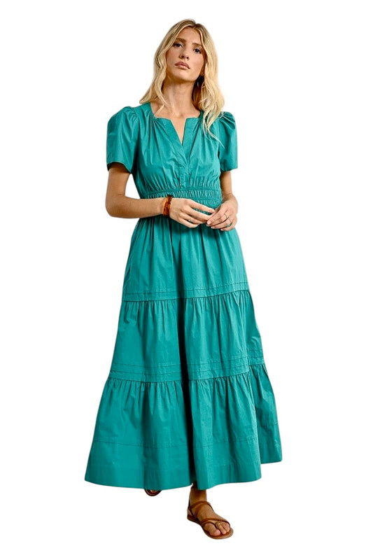 Short Sleeve Tiered Maxi Dress in emerald green by Molly Bracken