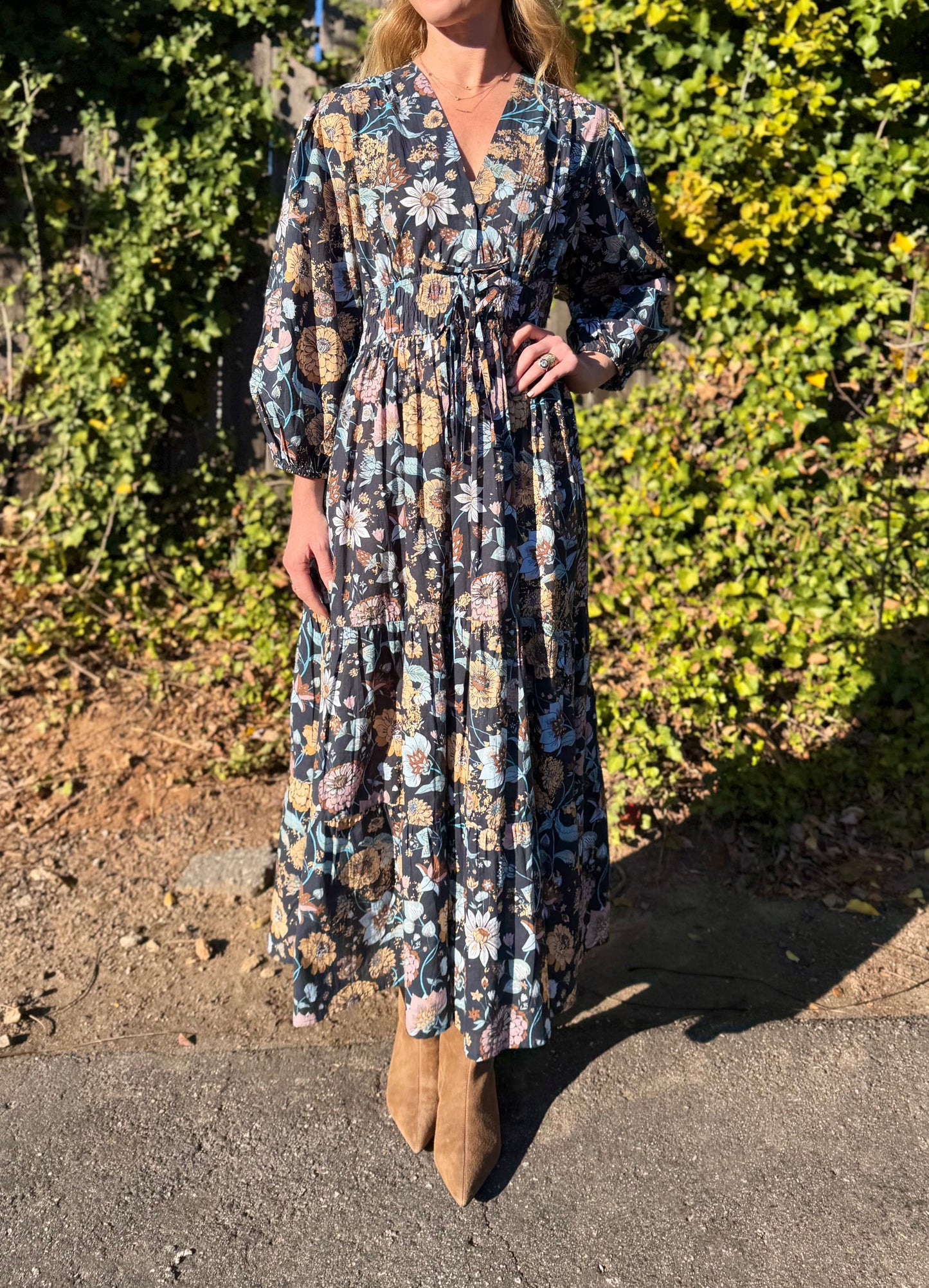 Sonia Printed Maxi Dress in navy gardenia by Bindu