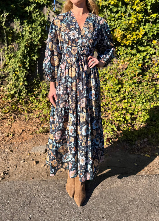 Sonia Printed Maxi Dress in navy gardenia by Bindu