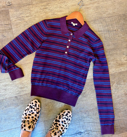Greta Long Sleeve Stripe Polo Sweater in claret azure by Pistola