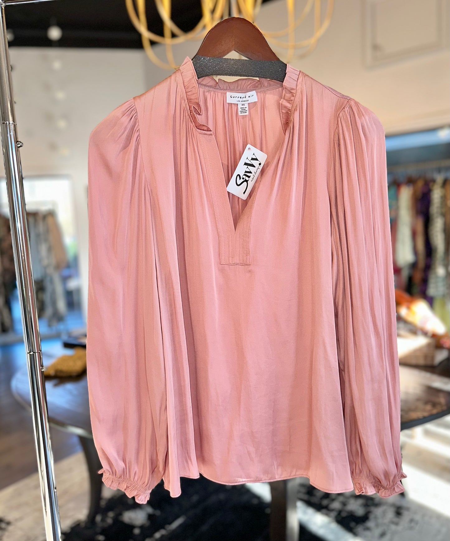 Long Sleeve Ruffled Split Neck Blouse in dusty blush by Current Air