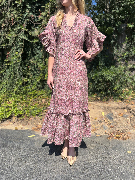 Soleil Flutter Sleeve Maxi Dress in english mauve print by Fitzroy & Willa