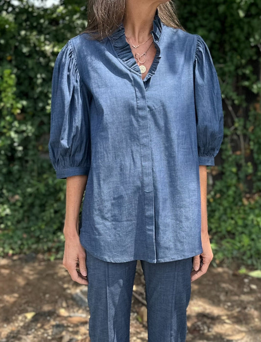 Laura Ruffle Front Top in stretch denim by Holly Shae