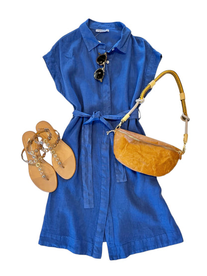 Short Linen Dress in sapphire by Haris Cotton
