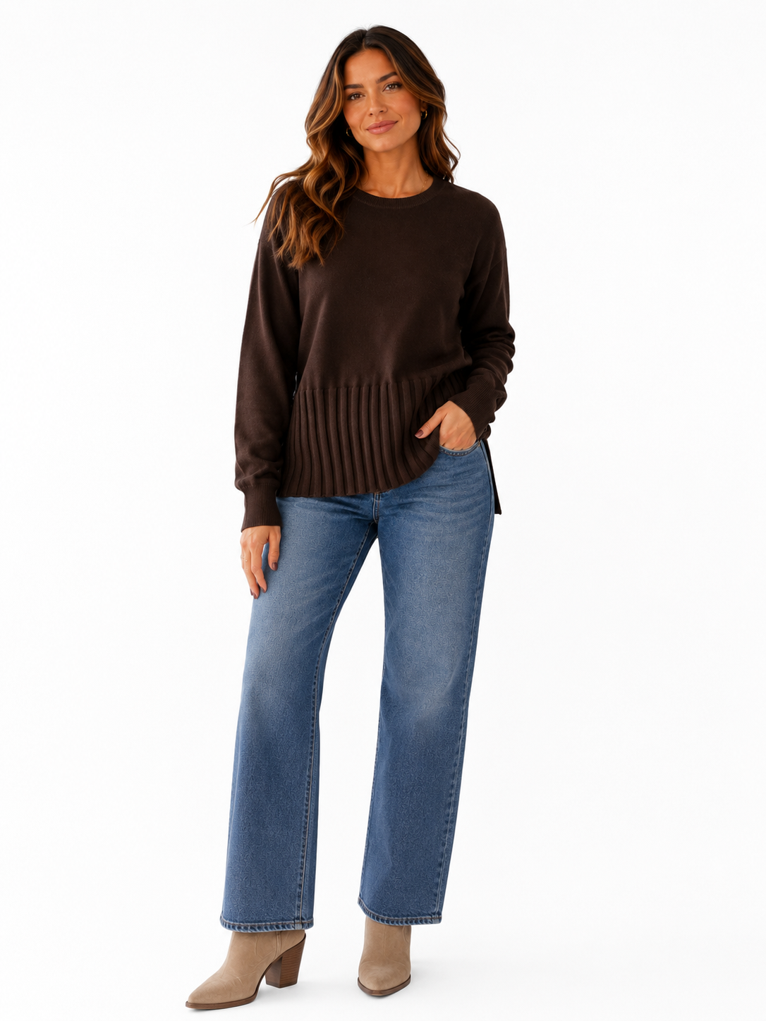 Rib Bottom Crew Sweater in coffee bean by J.Society