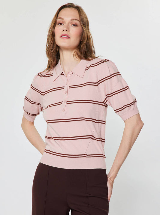 Striped Polo Short Sleeve Knit Top in dusty pink by Current Air