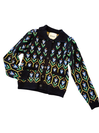 Floral Knit Collared Sweater Cardigan in black multi by &Merci