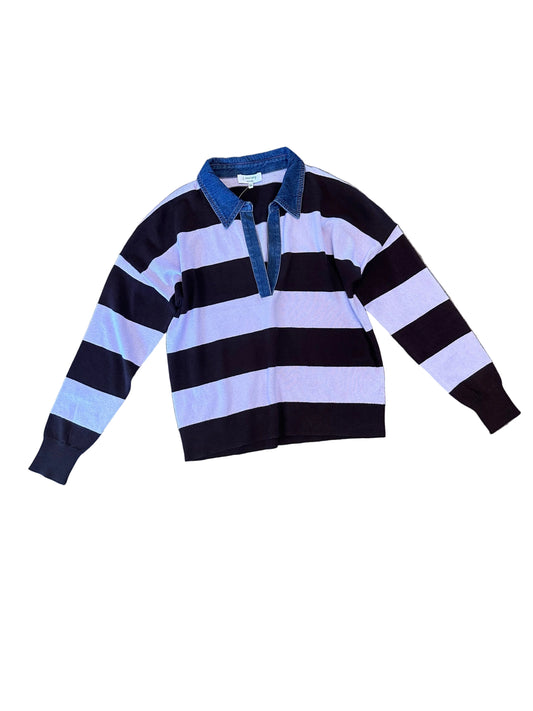 A long-sleeve striped rugby shirt with brown and purple horizontal stripes and a blue denim collar