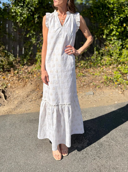 Christina Sleeveless Maxi Dress in white hearts by Fitzroy & Willa