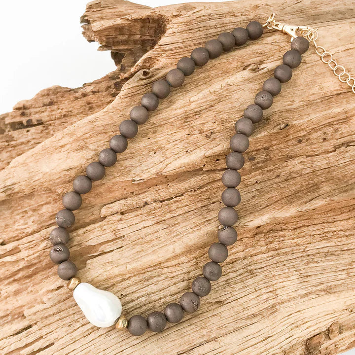 The Kamryn Gemstone Pearl Necklace in chocolate by Virtue