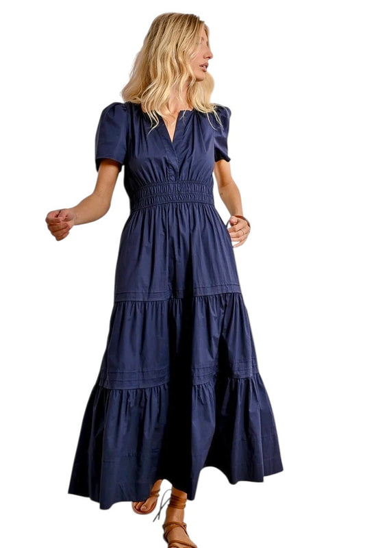 Short Sleeve Tiered Maxi Dress in navy blue by Molly Bracken