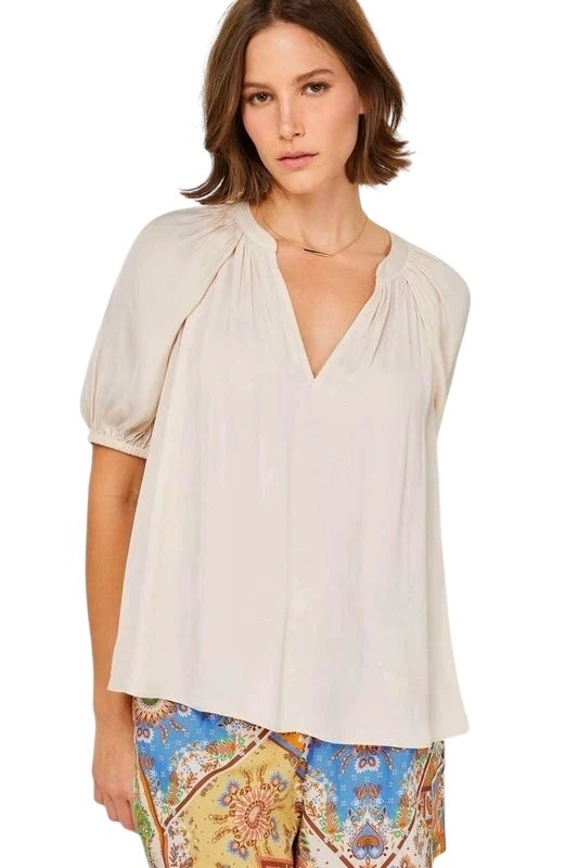 Puff Sleeve V-Neck Blouse in light beige by Current Air