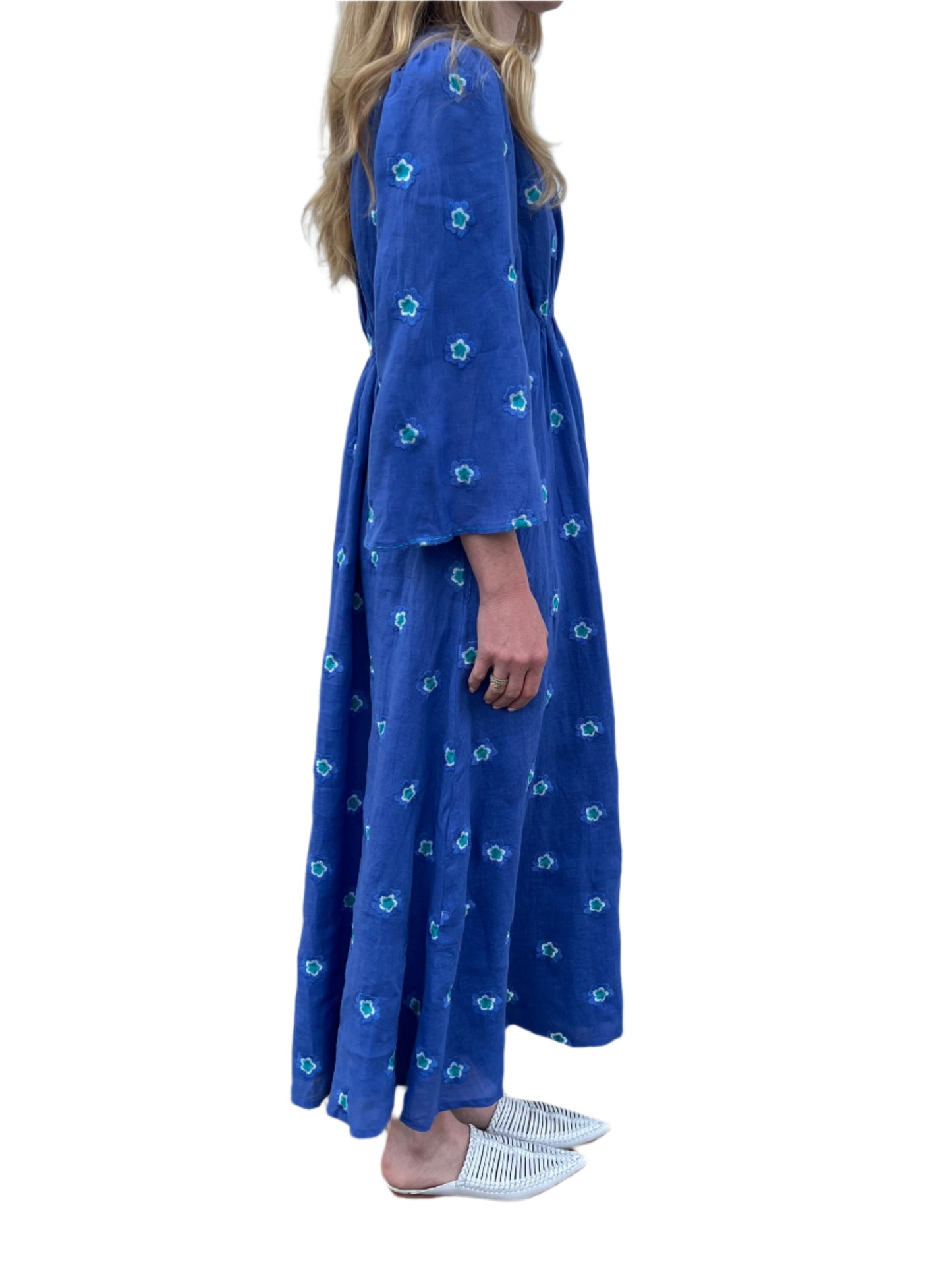 Apple Embroidered Flowers Linen Dress in blue/petrol by Nimo