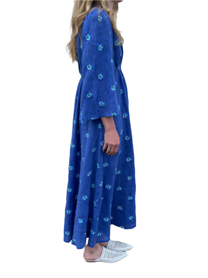 Apple Embroidered Flowers Linen Dress in blue/petrol by Nimo