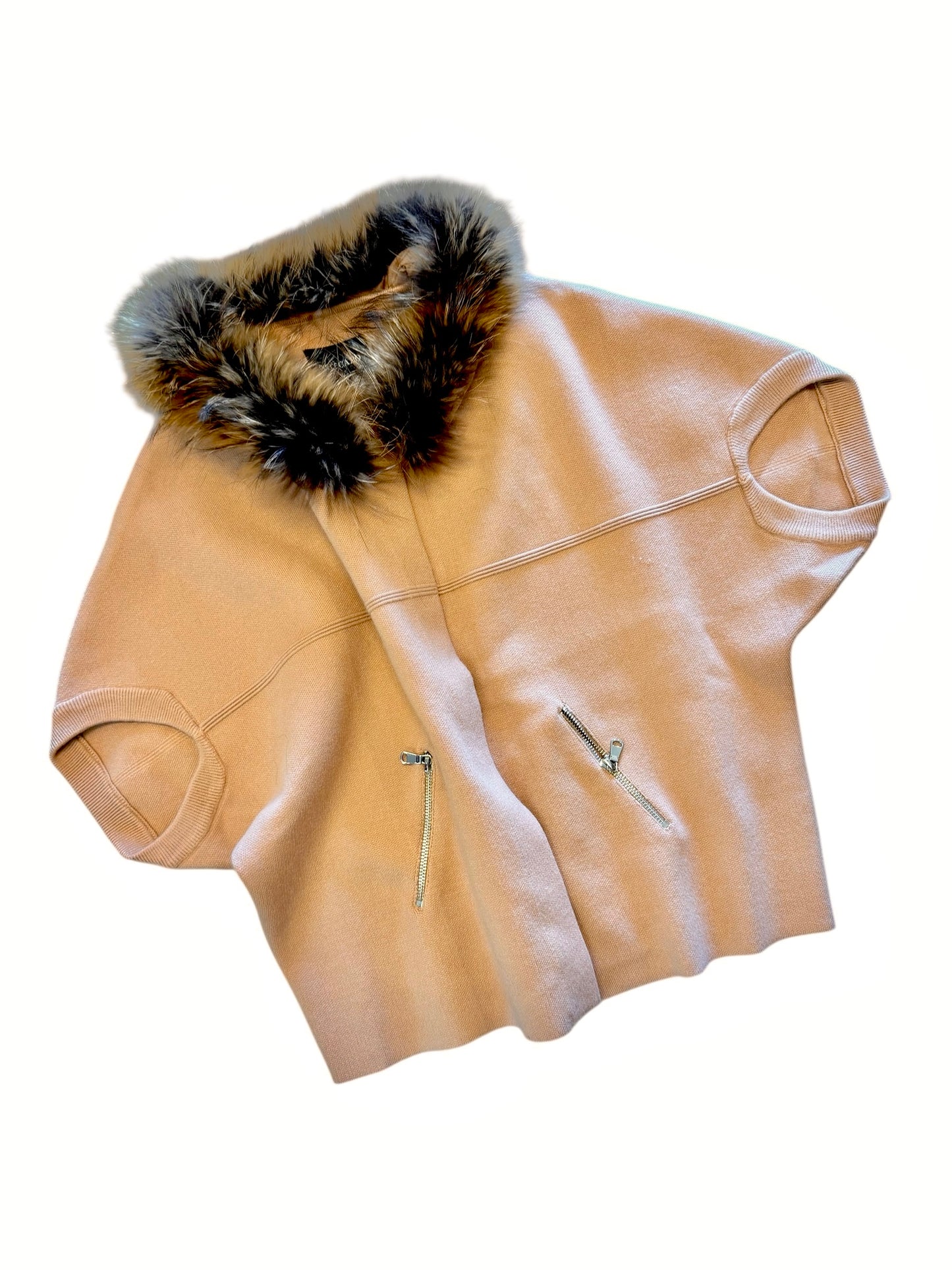 Natural Fur Trimmed Cardigan Poncho in camel by Dolce Cabo