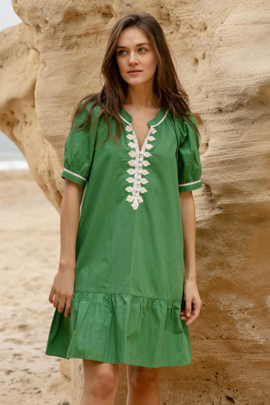 Cannes Passementerie Short Dress in leaf by Rose & Rose