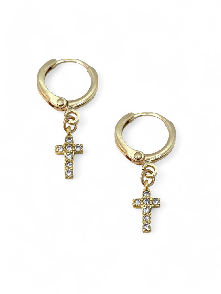 Pave Cross Huggies in gold by Farrah B
