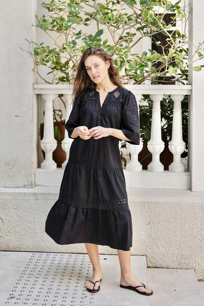 Biarritz African Cut Out Midi Dress in black by Rose & Rose