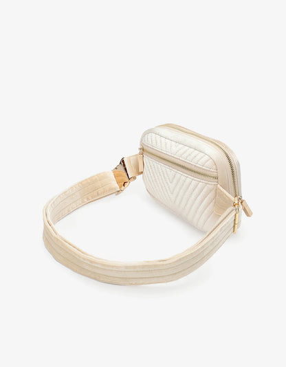 Aerin Velvet Quilted Belt Bag in cream by Remi & Reid