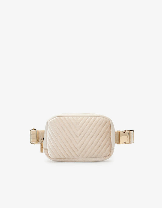 Aerin Velvet Quilted Belt Bag in cream by Remi & Reid