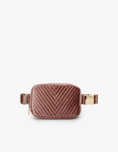Aerin Velvet Quilted Belt Bag in dark rose by Remi & Reid