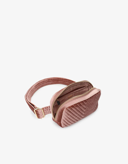 Aerin Velvet Quilted Belt Bag in dark rose by Remi & Reid