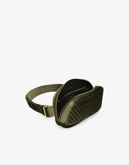 Aerin Velvet Quilted Belt Bag in olive by Remi & Reid
