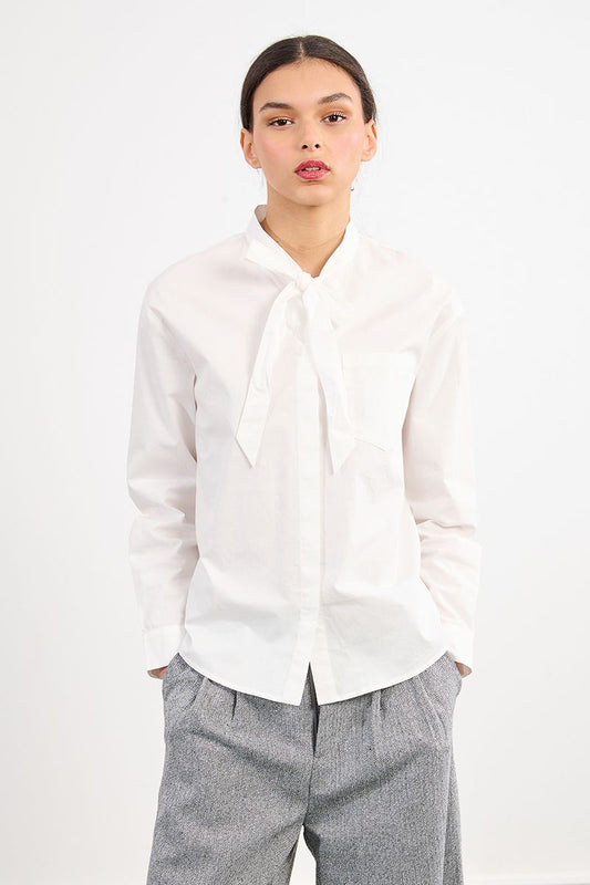 Long Sleeve Button Up Blouse with Bow Detail in white by Molly Bracken