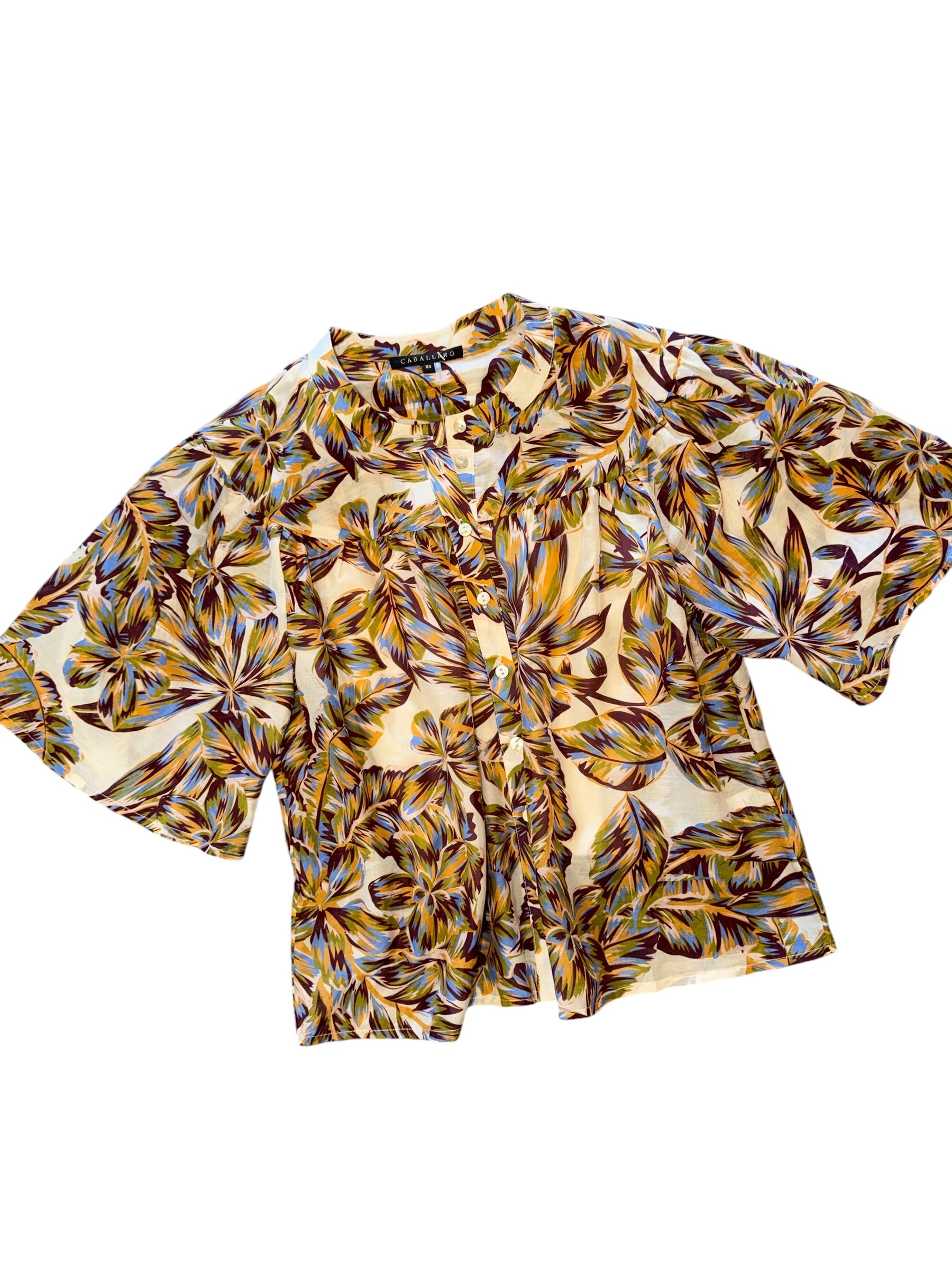 Botantical print cotton and silk top on white background