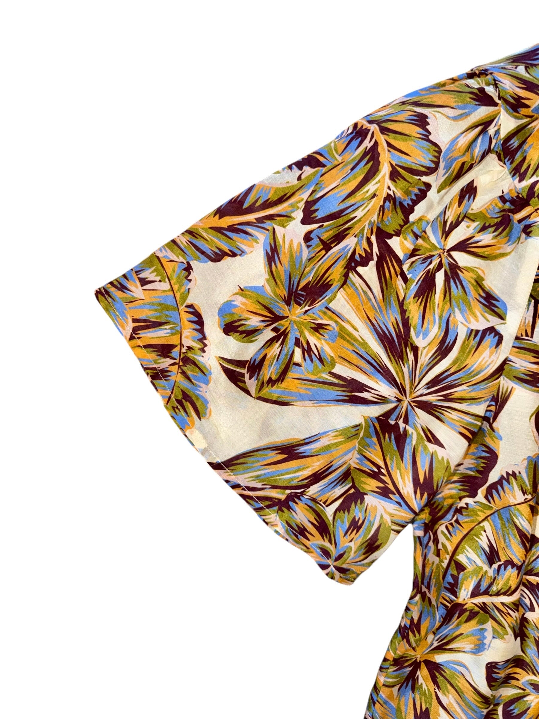 Cotton and silk printed botanical fabric detailing 