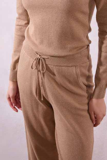 Wide Leg Knit Pant in golden beige by Molly Bracken