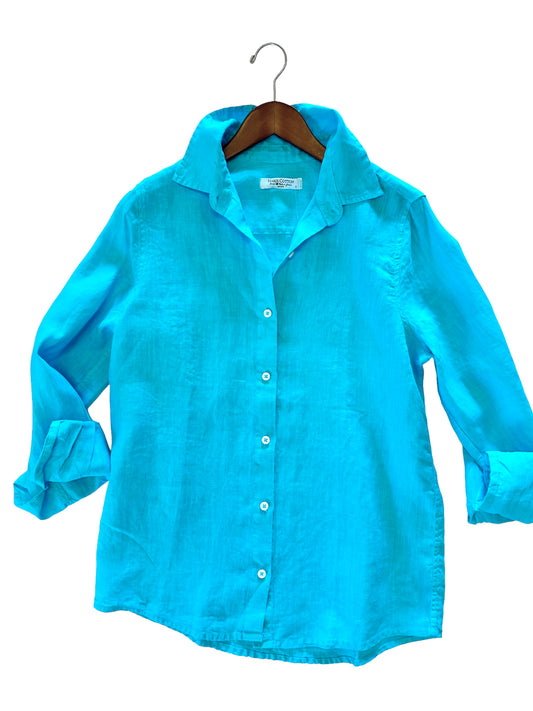 Linen Long Sleeved Shirt in zante blue by Haris Cotton