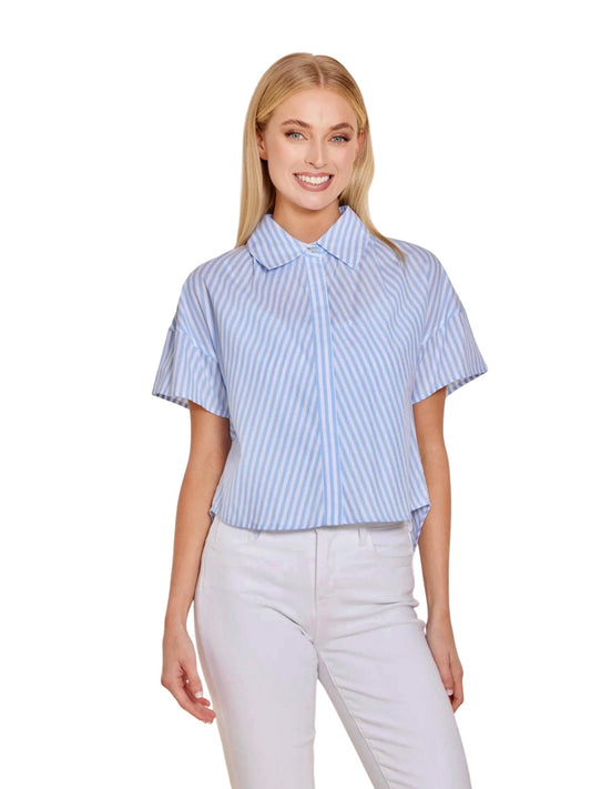 Poplin Stripe Short High Low Top in blue/white by Dolce Cabo